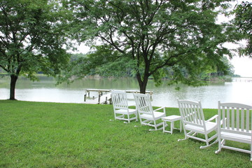 white chairs in a garden