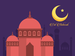 eid mubarak celebration card with mosque and moon