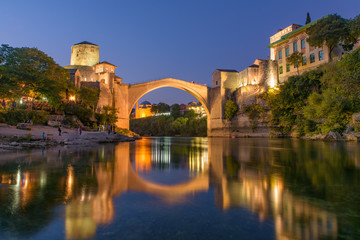 Fototapeta na wymiar Mostar Bridge at sunset time, an Ottoman bridge in Mostar, Bosnia and Herzegovina