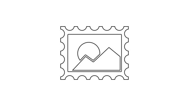Black line Postal stamp icon isolated on white background. 4K Video motion graphic animation