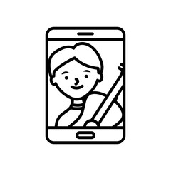 stay at home concept, smartphone with happy man with guitar on screen, line style