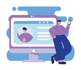 Man with smartphone and computer chatting vector design
