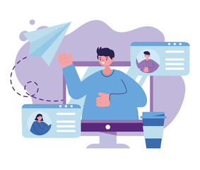 Man with computer chatting vector design