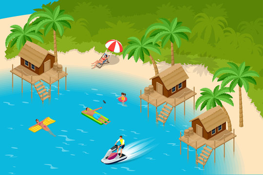Isometric Summer Vacation concept. Summer time. Luxury overwater thatched roof bungalow in a honeymoon vacation resort in the clear blue lagoon with a view on the tropical island. Tropical vacations