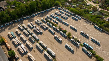 Many trolleybuses parked in front of the trolley depot hangar. Social transport. Vinnytsia, Ukraine, 2020