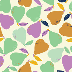 Creamy with purple, green and brown pears seamless pattern background design.