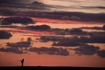 Naklejka na ściany i meble silhouette of a man walking on the beach at sunset