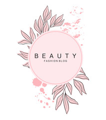 Abstract floral card with hand drawn pastel pink brush strokes and eucalyptus leaves for social media cover, banner, post