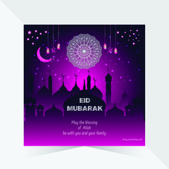 Eid mubarak banner with beautiful mosque with Arabic lanterns, Muslim community festival.
