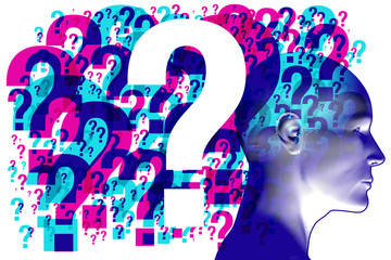 An adult profile with an overlaying pattern of overlapping semi-transparent 