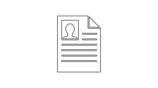 Black line Resume icon isolated on white background. CV application. Searching professional staff. Analyzing personnel resume. 4K Video motion graphic animation
