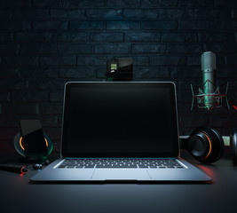 Office desk background, headphones recording scene project ideas concept, With laptop computer,...