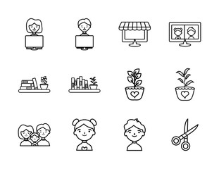 scissors and Stay home icon set, line style