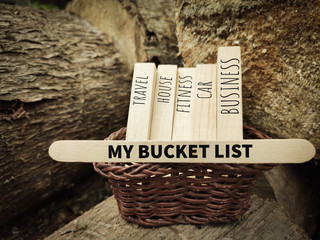 Inspirational and motivational concept - my bucket list text on wooden stick 