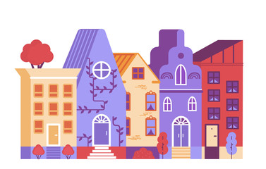Old style townhouses, colorful vector illustration on white background