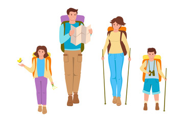 Happy family on a white background flat cartoon people. Father, mother and children traveling. Summer outdoor activities, walk in nature. Backpack and equipment for tourism. Vector illustration.