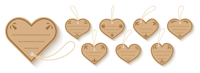 Brown paper price gift box tag with cord flat set. Heart shapes craft Valentines day sale shopping labels with rope. Isolated cardboard blank vintage decorated frames text box. Vector illustration