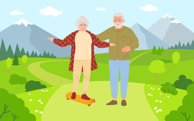Old men and women riding skateboards cartoon. Healthy active lifestyle older people. Summer outdoor activities, skateboarding in nature. Elderly people walking. Beautiful meadow. Vector illustration.