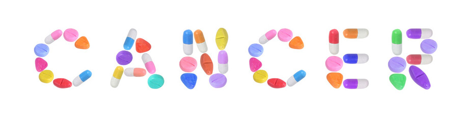 miniature drug model arrange in alphabet isolated on white background