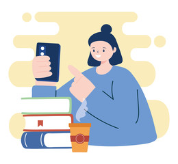 Woman with smartphone and books vector design