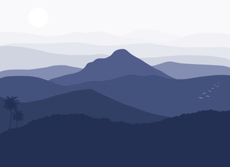 vector of the endless blue mountain view,It is morning time The sun has just risen.
