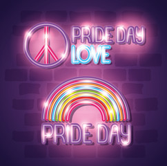 pride day neon light with rainbow and peace and love symbol vector illustration design