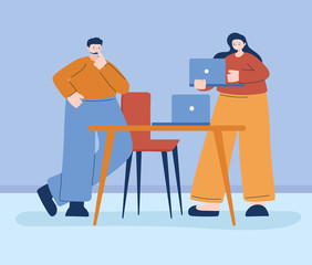 Woman and man with laptop on desk vector design
