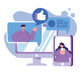 Woman and man with computer and smartphone chatting vector design