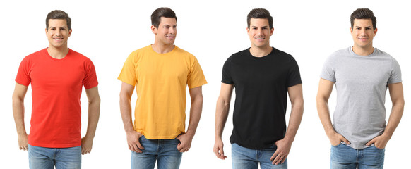 Obraz premium Collage with men in stylish t-shirts on white background