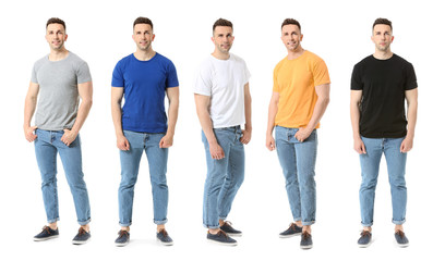 Fototapeta premium Collage with men in stylish t-shirts on white background