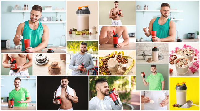 Collage of photos with sporty man and protein shakes