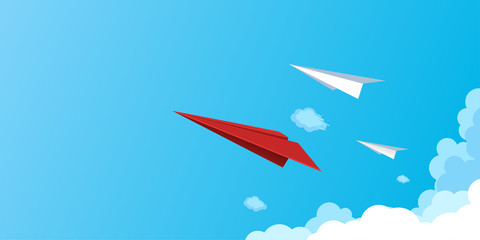 Paper airplanes flying on blue sky.Business teamwork and leadership concept.Vector illustration.