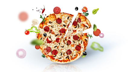 Pizza slices tasty  set tomato salami ham Delicious cheese oregano olives food mass restaurant 3d realistic basil onion