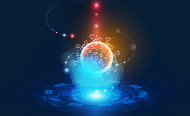 Hologram of coronavirus COVID-2019 on a blue futuristic background concept search innovation background vector design .