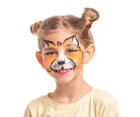Funny little girl with face painting on white background