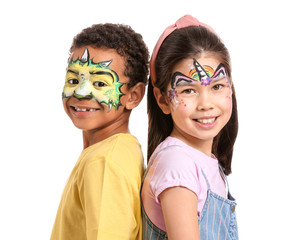 Funny children with face painting on white background