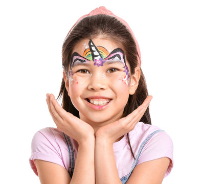 Funny Asian girl with face painting on white background