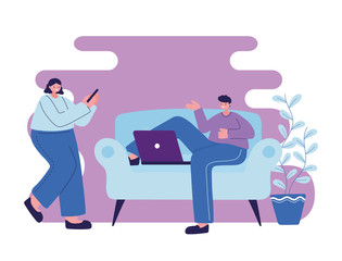 Woman and man on couch with smartphone and laptop chatting vector design