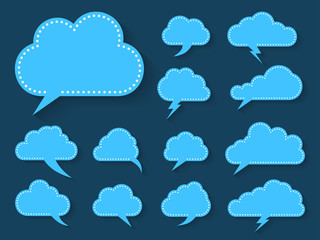 Flat comic retro speech bubble set. Empty text box different shapes balloons with dot. Comics message template. Abstract icon cartoon blank doodle bubbles Isolated on blue backdrop vector illustration