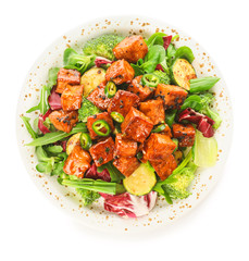 Plate with tasty tofu cheese and vegetables on white background