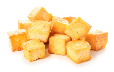 Tasty tofu cheese on white background