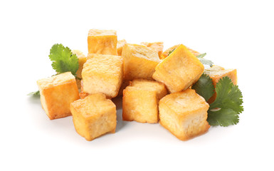 Tasty tofu cheese on white background