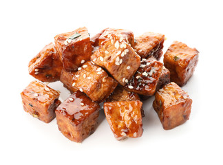 Tasty tofu cheese on white background