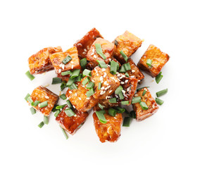Tasty tofu cheese on white background