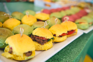 Closeup of a small yellow and green sandwich with meat stew, tomato and green vegetables