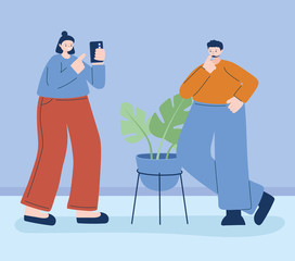 Woman and man with smartphone vector design