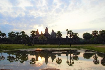 Fototapeta na wymiar Angkor wat at sunrise with reflection and sky at siem reap cambodia