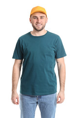 Handsome man in stylish cap on white background