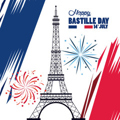 happy bastille day celebration with tower eiffel and fireworks