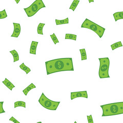 Dollar bills flying, illustrated money seamless pattern. Money rain.